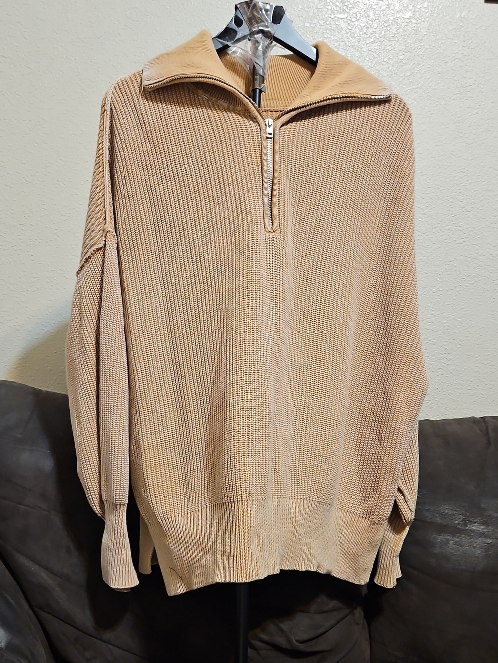 aerie Women's Oversized Half-Zip Knit Sweater - Beige Tan